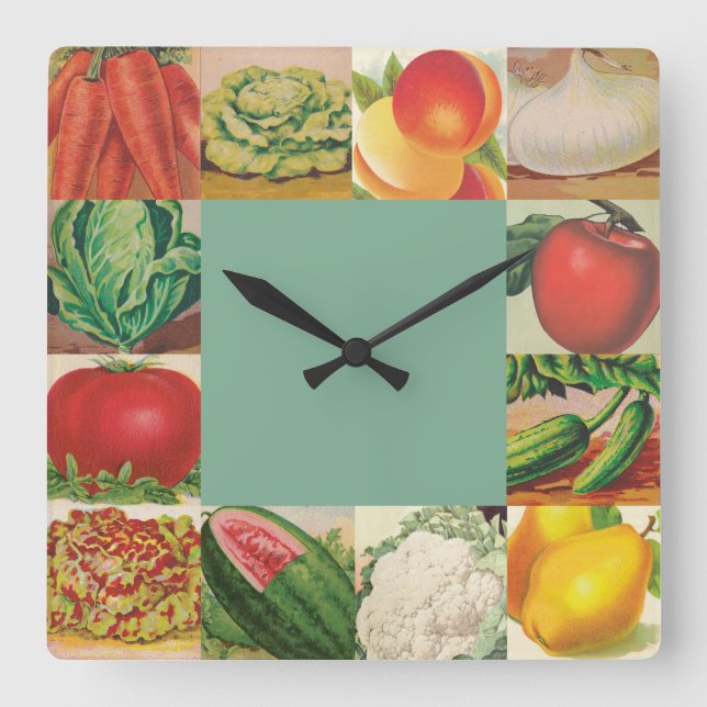 Vintage fruits and vegetables square wall clock (Front)