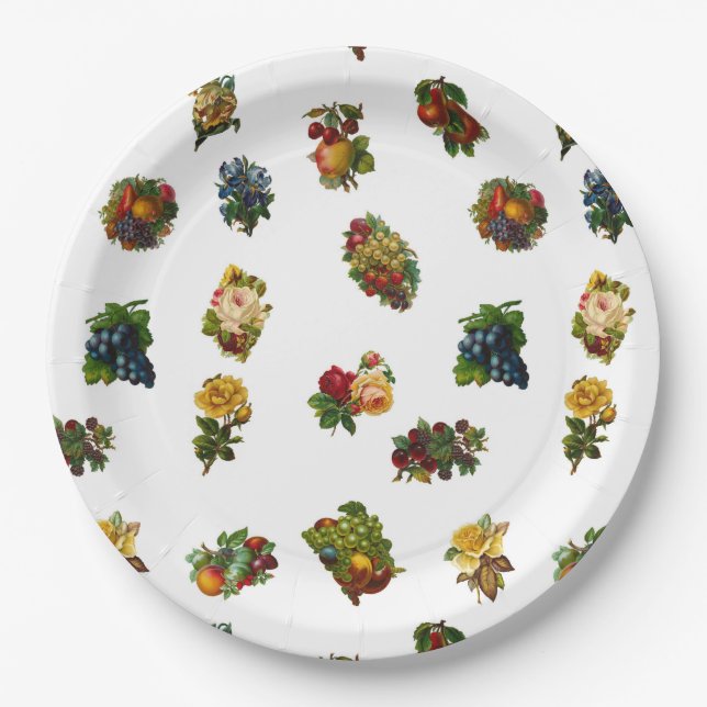 Vintage Fruits & Flowers Paper Plate (Front)