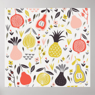 Vintage fruits, flowers: seamless pattern. poster