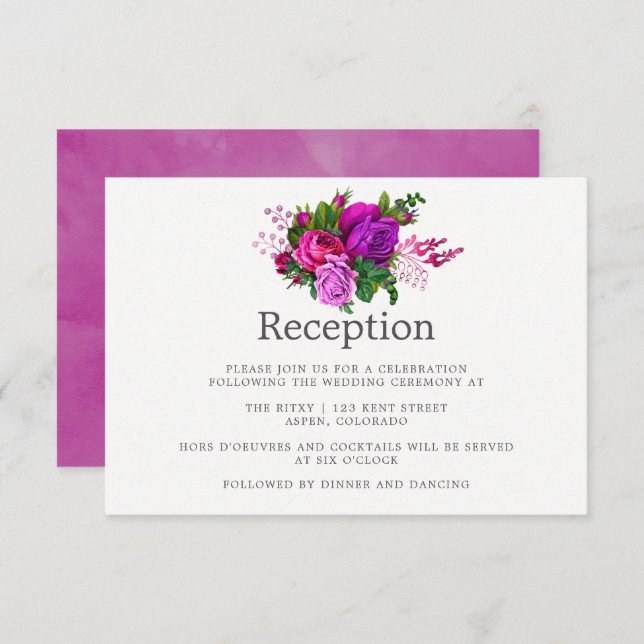 Vintage Fuchsia & Purple Shabby Wedding Reception Invitation (Front/Back)