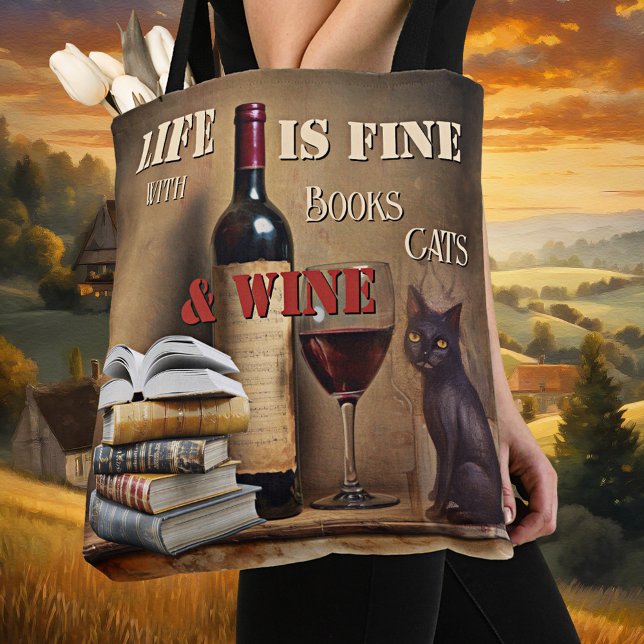 Vintage Fun Books Cats Wine Tote Bag (Tote bag featuring a vintage art cute kitty eyeing a glass of wine. A funny books, cats and wine bag)