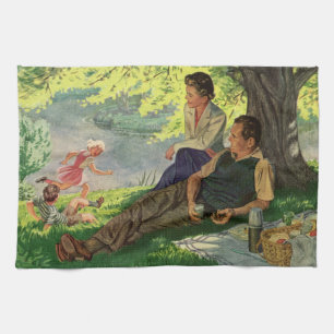 Vintage Fun Family Picnic Under a Shade Tree Tea Towel
