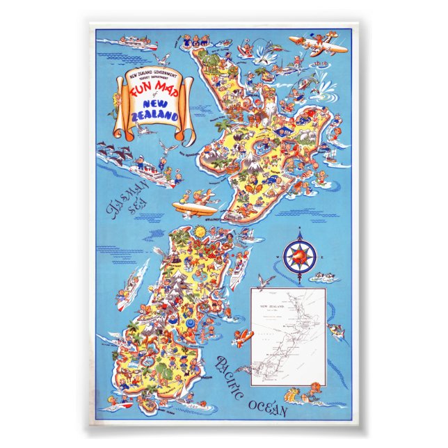 Vintage Fun Map of New Zealand Poster (Front)