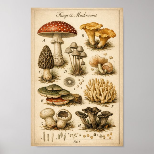 Vintage Fungi Scientific Illustration Poster (Front)