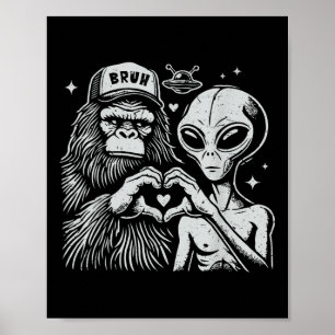 Vintage Funny Bigfoot And Alien Heart Hand Sign