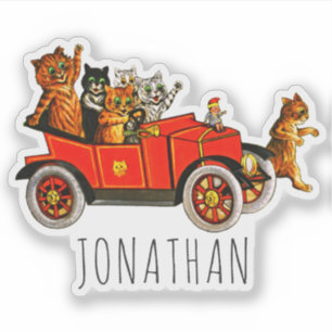 Vintage Funny Cartoon Cats Kittens in Classic Car