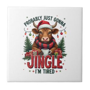 Vintage Funny Christmas Highland Cow Jingle Bell C Ceramic Tile
