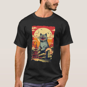 Vintage Funny Cute Catzilla Cat Art Japanese Sunse T-Shirt