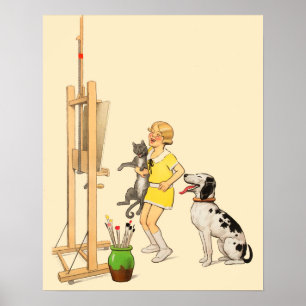 Vintage Funny Girl, Dog Cat Print Georges Redon