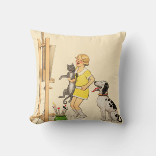 Vintage Funny Girl, Dog Cat Print Georges Redon Cushion