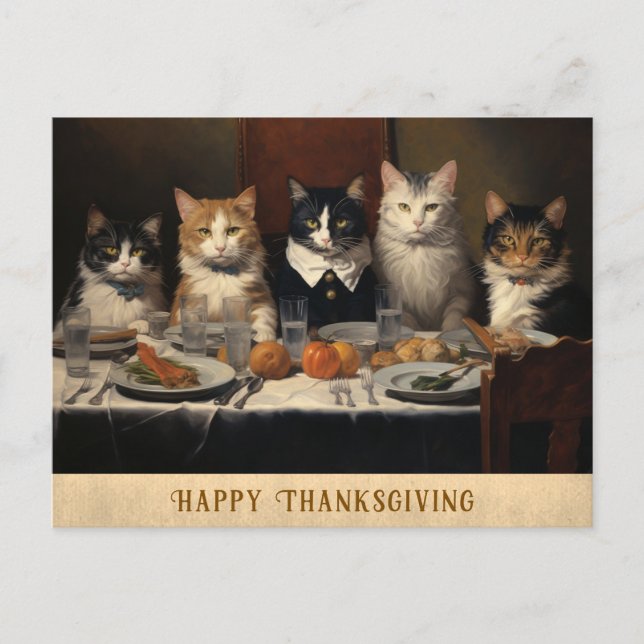 Vintage Funny Happy Thanksgiving Cats Postcard (Front)
