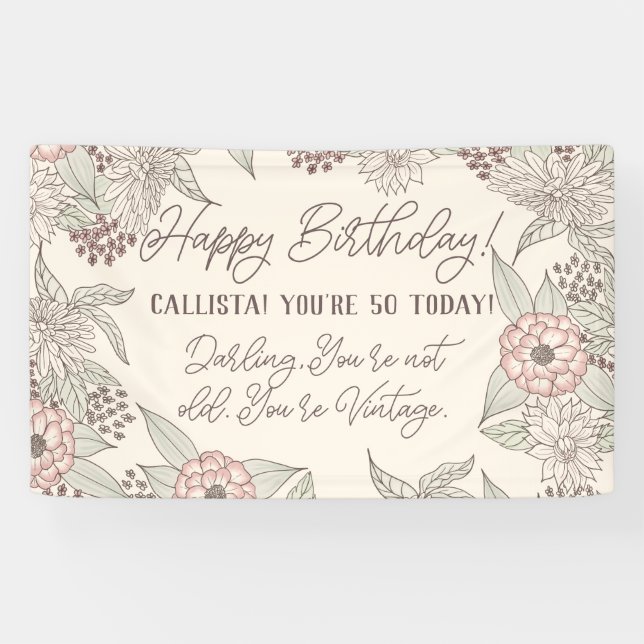 Vintage Funny Pink Ivory Floral Birthday Banner (Horizontal)