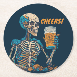 Vintage funny skeleton beer drinking modern round paper coaster