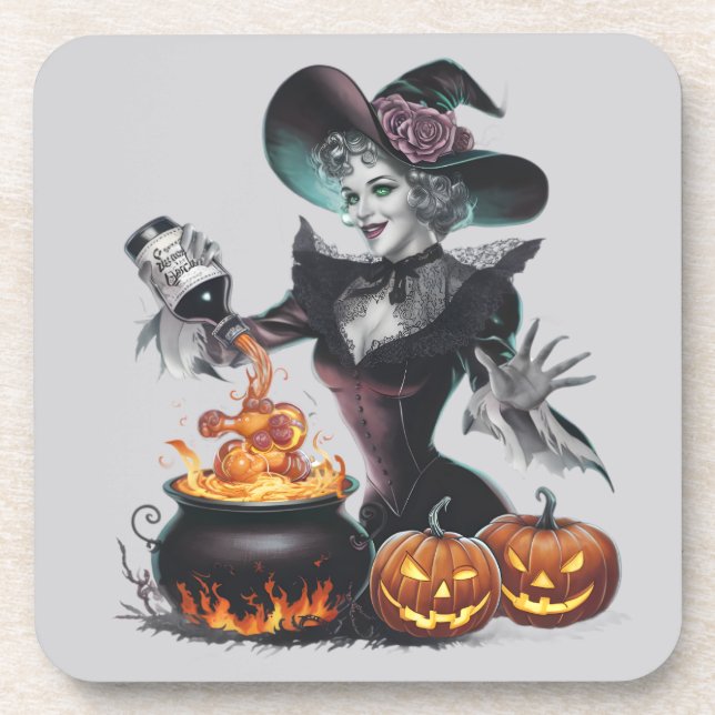 Vintage Funny Witch Cauldron Blessed Halloween Coaster (Front)