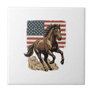 Vintage Galloping Horse American Flag Shirt Design Ceramic Tile