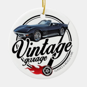Vintage Garage with Black Corvette Ceramic Ornament