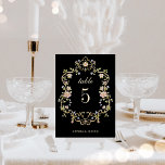 Vintage Garden Black | Colourful Luxe Wedding Table Number<br><div class="desc">These stunning and beautiful wedding table cards feature an antique style, whimsical baroque illustrated crest decorated with colourful flowers and leaves in subtle shades of peach, pink, purple, green, and neutrals on a black background. A whimsical look that also recalls the Art Nouveau style or regency elegance. Elegant calligraphy and...</div>