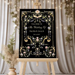 Vintage Garden Black Colourful Luxe Wedding Welcom Poster<br><div class="desc">This stunning and beautiful wedding welcome poster features an antique style, whimsical baroque illustrated frame decorated with colourful flowers and leaves in subtle shades of peach, pink, purple, green, and neutrals on a black background. A whimsical look that also recalls the Art Nouveau style or regency elegance. Elegant calligraphy and...</div>