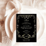 Vintage Garden Black | Luxe Colourful Wedding Menu<br><div class="desc">These stunning and beautiful wedding menu cards or rehearsal dinner cards feature an antique style, whimsical baroque illustrated frame decorated with colourful flowers and leaves in subtle shades of peach, pink, purple, green, and neutrals on a black background. A whimsical look that also recalls the Art Nouveau style or regency...</div>