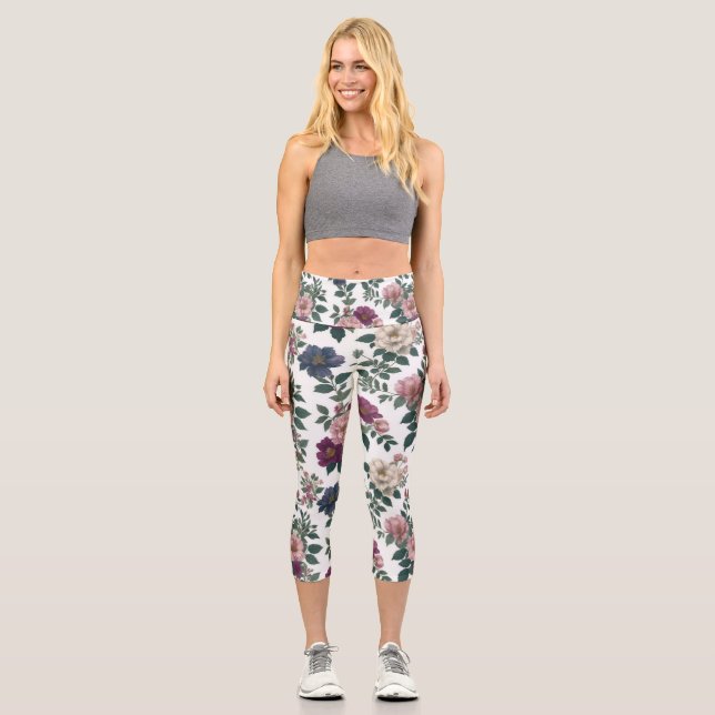 Vintage Garden Blooms All-Over Print Capri Leggings (Front)