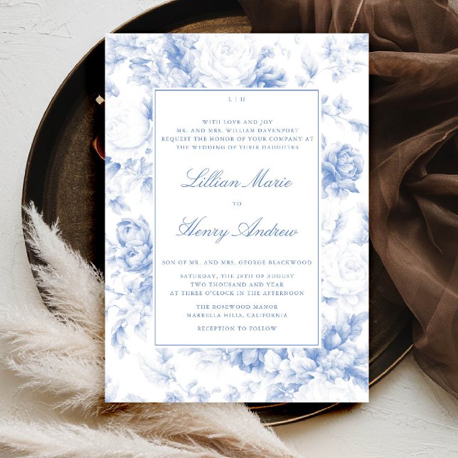 Vintage Garden Blue Toile Modern Classic Wedding Invitation (vintage garden wedding invitation blue toile french floral botanical old money formal traditional)
