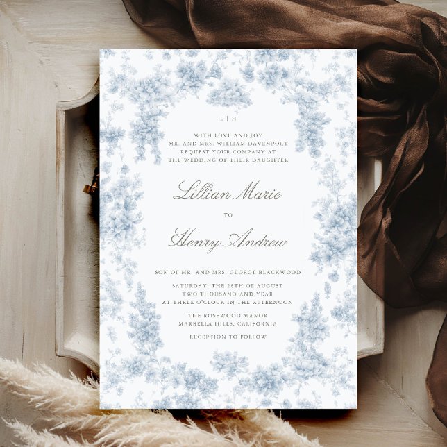Vintage Garden Chateau Blue Toile Classic Wedding Invitation (vintage garden wedding invitation dusty blue toile french floral romantic old money formal tradition)