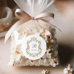 Vintage Garden | Colourful Luxe Wedding Monogram Classic Round Sticker<br><div class="desc">These stunning and beautiful wedding favour stickers feature an antique style,  whimsical baroque illustrated crest decorated with colourful flowers and leaves in subtle shades of peach,  pink,  purple,  green,  and neutrals on a white background. Add your monogram or initial in classic grey calligraphy.</div>