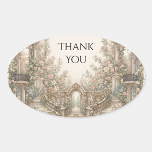 Vintage Garden Floral Wedding Thank You Oval Sticker