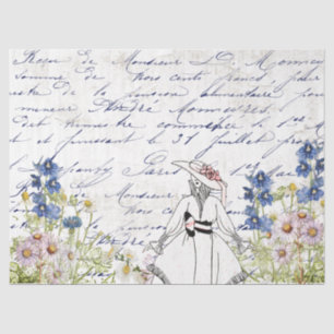 Vintage Garden Flower Lady French Script Decoupage Tissue Paper