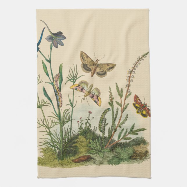 Vintage Garden Insects, Butterflies, Caterpillars Tea Towel (Vertical)