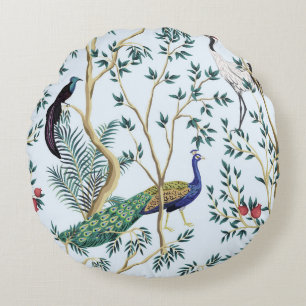 Vintage garden pomegranate fruit tree, exotic bird round cushion