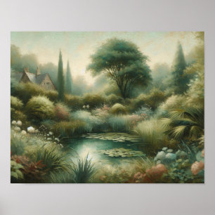 Vintage Garden Pond Green Plants Poster