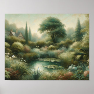 Vintage Garden Pond Green Plants  Poster