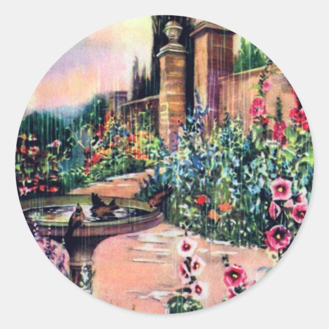 Vintage Garden Rain Classic Round Sticker (Front)
