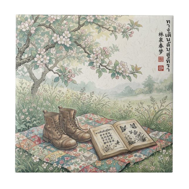 Vintage Garden Reading Picnic Art Ceramic Tile (Front)