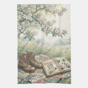Vintage Garden Reading Picnic Art Tea Towel