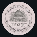 Vintage Garden Skep Beeswax Lip Balm  Classic Round Sticker<br><div class="desc">Men and women alike use lip balm, but too often lip balm labels are intrinsically marketed for the female eye. This editable beeswax lip balm label with vintage garden skep and little bees is specifically designed to be gender-neutral so that everyone will feel comfortable pulling it out of their pocket...</div>