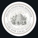 Vintage Garden Skep Honey Label honeycomb taupe<br><div class="desc">Custom Honey Label with vintage illustration of a bee-hive surrounded by an old world garden and little bees. Honeycomb pattern in background. Dotted circle border. Personalise with your name,  apiary,  location and cell phone.</div>