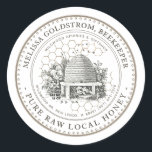 Vintage Garden Skep Honey Label honeycomb taupe<br><div class="desc">Custom Honey Label with vintage illustration of a bee-hive surrounded by an old world garden and little bees. Honeycomb pattern in background. Dotted circle border. Personalise with your name,  apiary,  location and cell phone.</div>
