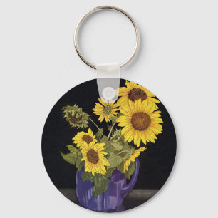 Vintage Garden Summer Sunflower Flowers in a Vase Key Ring