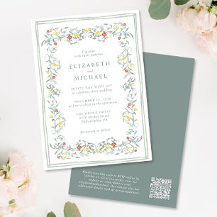 Vintage Garden Watercolor QR Code Sage Wedding Invitation