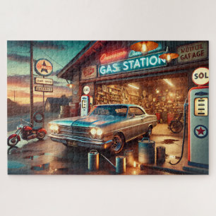 Vintage Gas Station Classic Car Jigsaw Puzzle