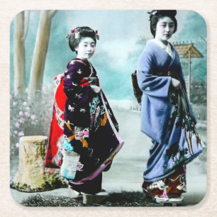 Vintage Geisha and Her Maiko 芸者 舞妓 Old Jap Square Paper Coaster