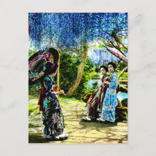 Vintage Geisha in Wisteria Garden Old Japan Postcard