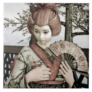 Vintage Geisha Kimono Fan Illustration Ceramic Tile