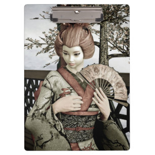 Vintage Geisha Kimono Fan Illustration Clipboard