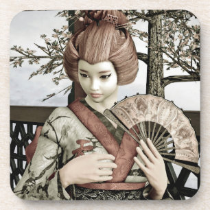 Vintage Geisha Kimono Fan Illustration Coaster