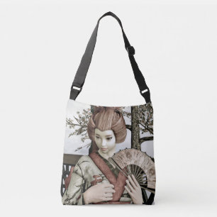 Vintage Geisha Kimono Fan Illustration Crossbody Bag