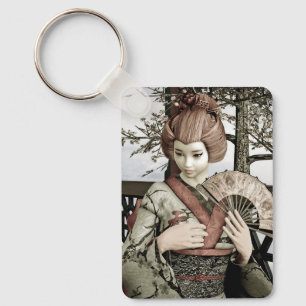 Vintage Geisha Kimono Fan Illustration Key Ring