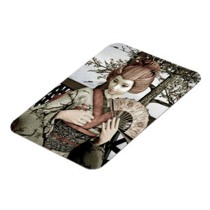 Vintage Geisha Kimono Fan Illustration Magnet